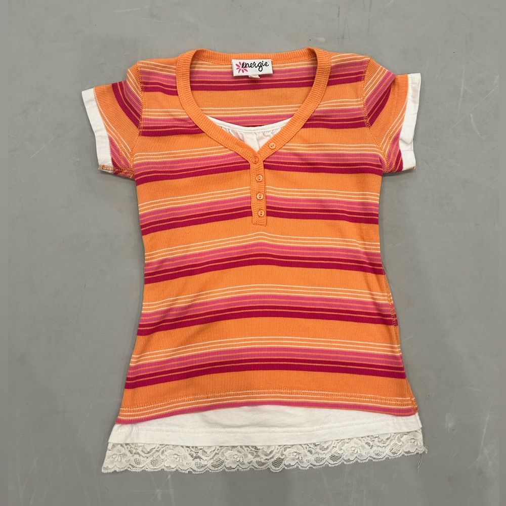 Striped Orange and Pink Top with Lace